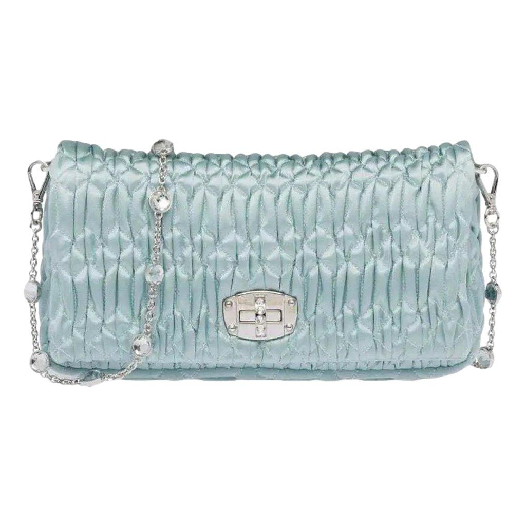 Miu Miu Miu Miu Satin Quilted Crystal Embellished Chain Crossbody Light Blue