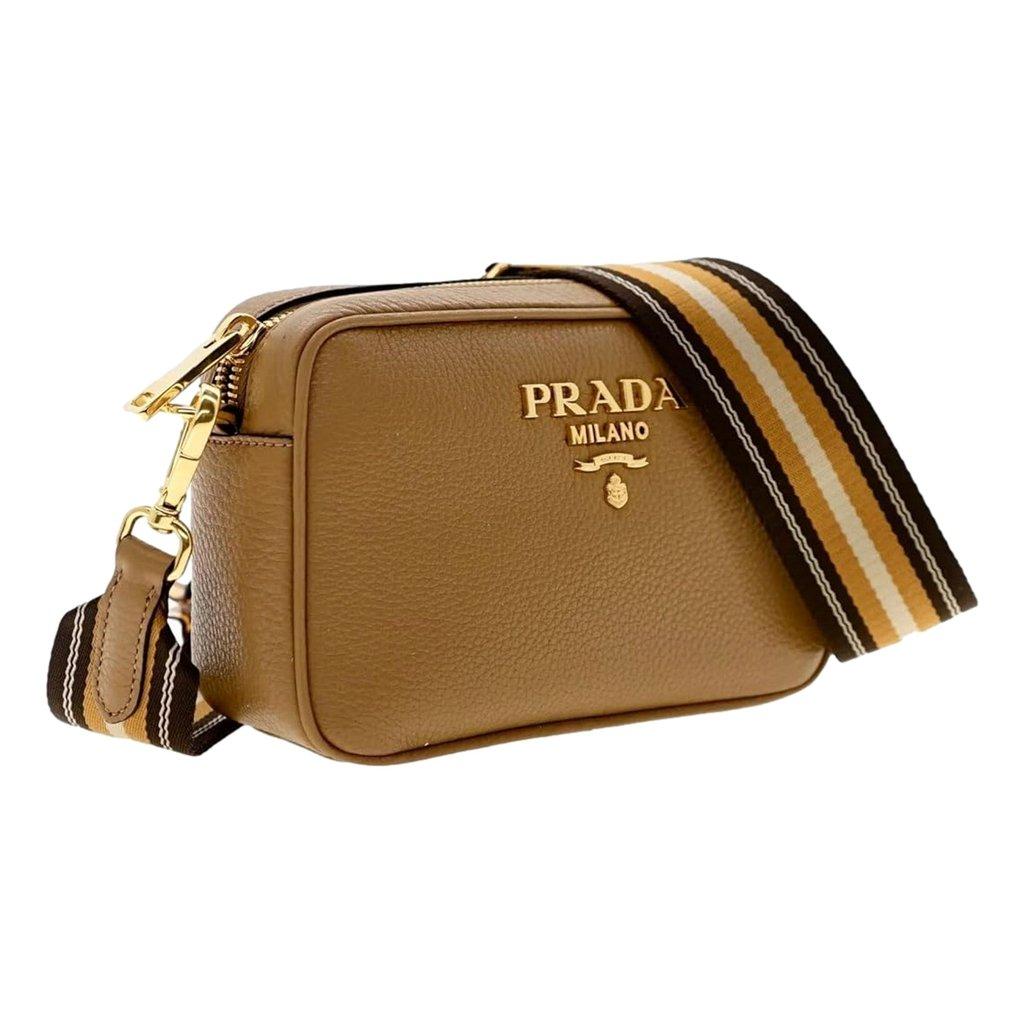 Prada Prada Tan Caramel Pebbled Leather Crossbody Bag Web Stripe Strap Gold Hardware