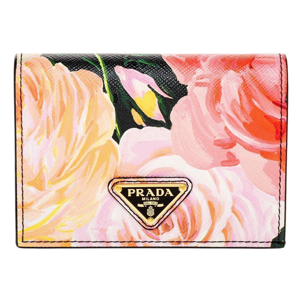 Prada Prada Saffiano Black Floral Printed Snap Bifold Coin Zipper Wallet