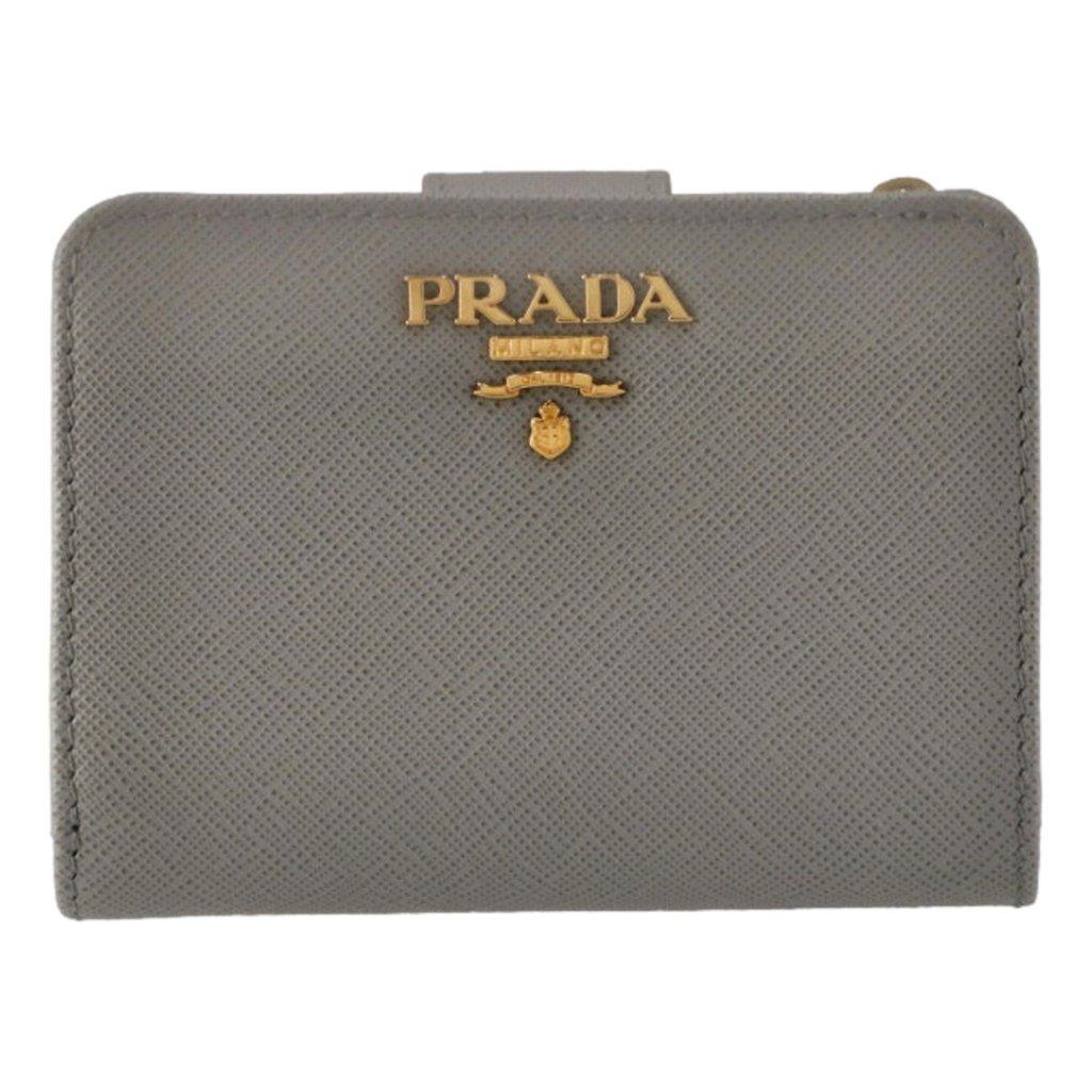 Prada Prada Vitello Grain Argilla Grey Leather Small Wallet with Zipper Gold Plaque Logo