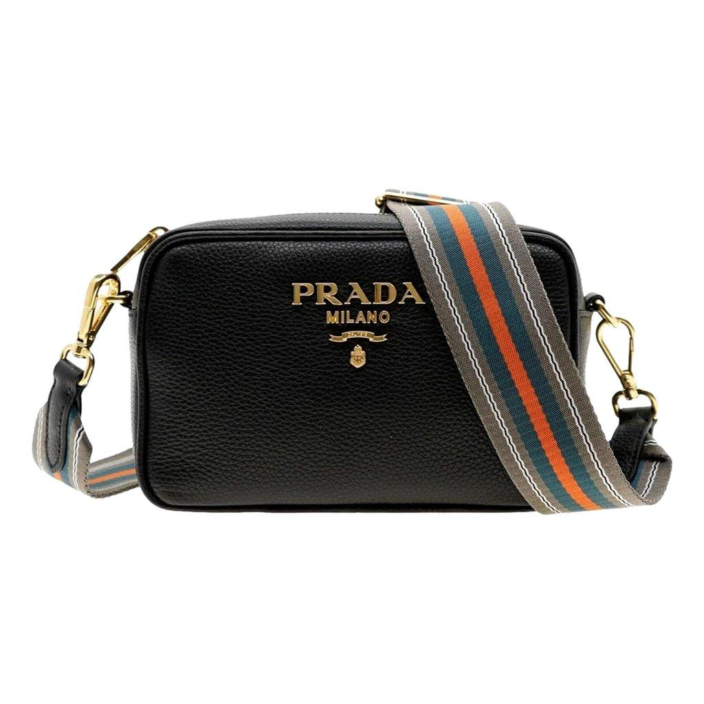 Prada Prada Vitello Phenix Leather Crossbody Bag in Black with Gold Hardware and Web Stripe Strap