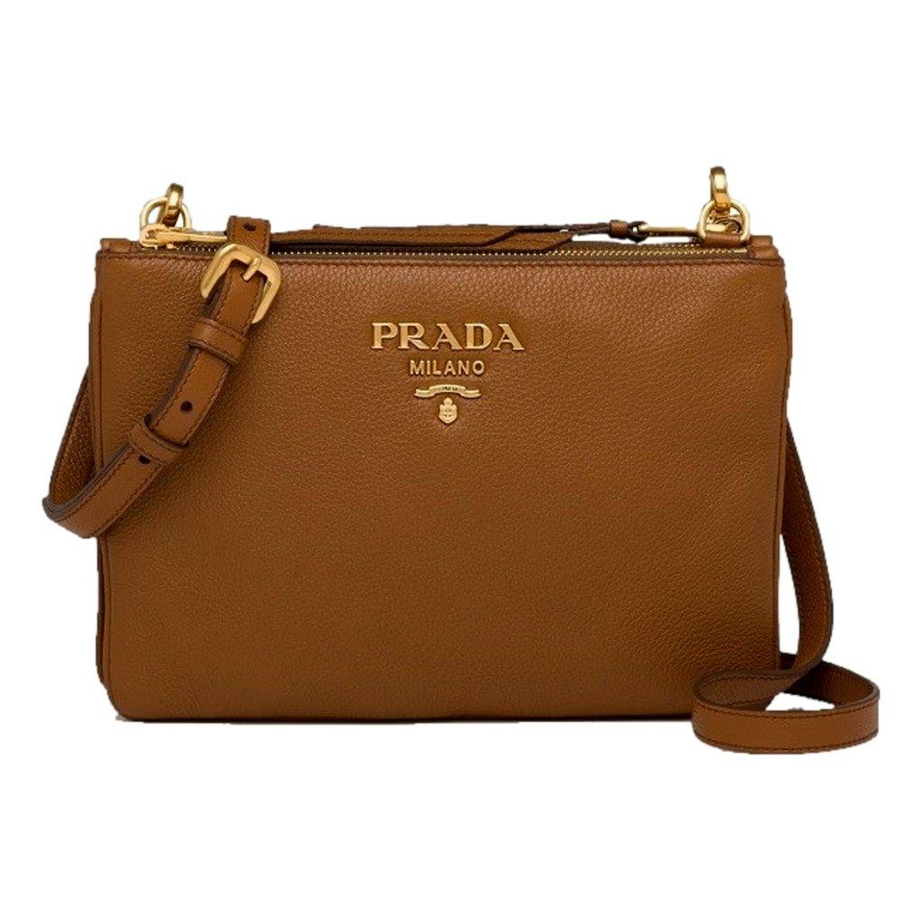 Prada Prada Vitello Phenix Leather Crossbody Bag in Caramel Brown with Gold Hardware