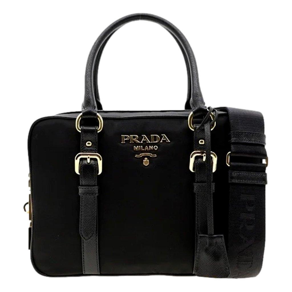 Prada Prada Bauletto Tessuto Nylon Saffiano Black Satchel Bag Gold Lock
