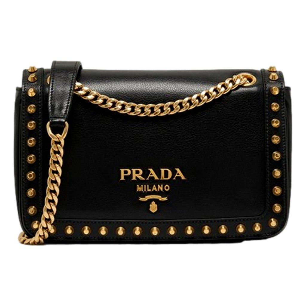 Prada Prada Pattina Black Glace Calf Leather Studded Flap Crossbody Bag Gold Chain