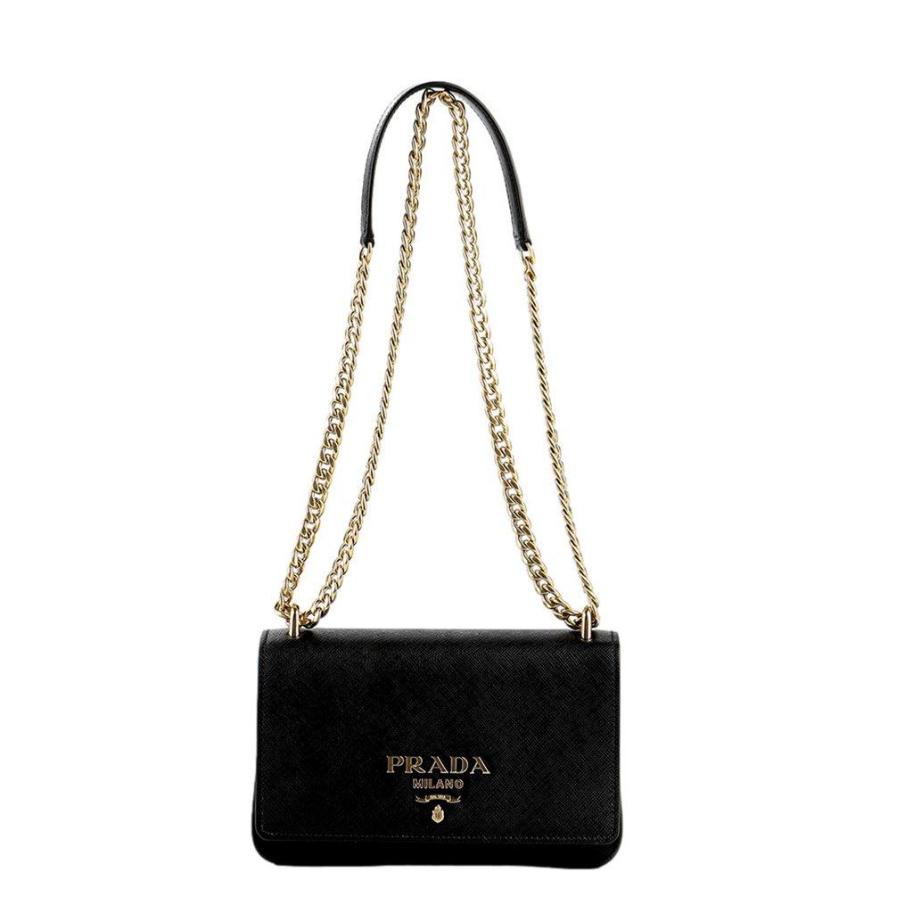 Prada Prada Tessuto and Saffiano Leather Black Crossbody Bag with Gold Chain Strap