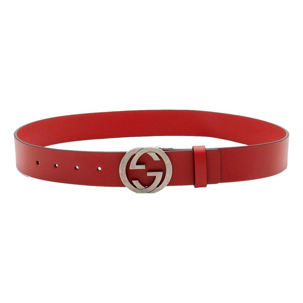 Gucci Gucci Interlocking Leather GG Buckle Antiqued Silver Tone Belt Rosso Red 90/36