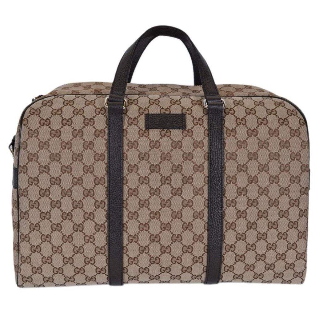 Gucci Gucci Large GG Logo Beige Canvas Brown Leather Strap Duffle Bag