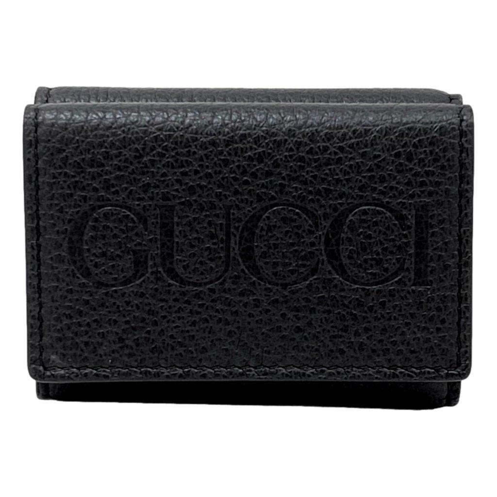 Gucci Gucci Black Pebbled Leather Tri Fold Wallet Coin Pouch Gold Hardware