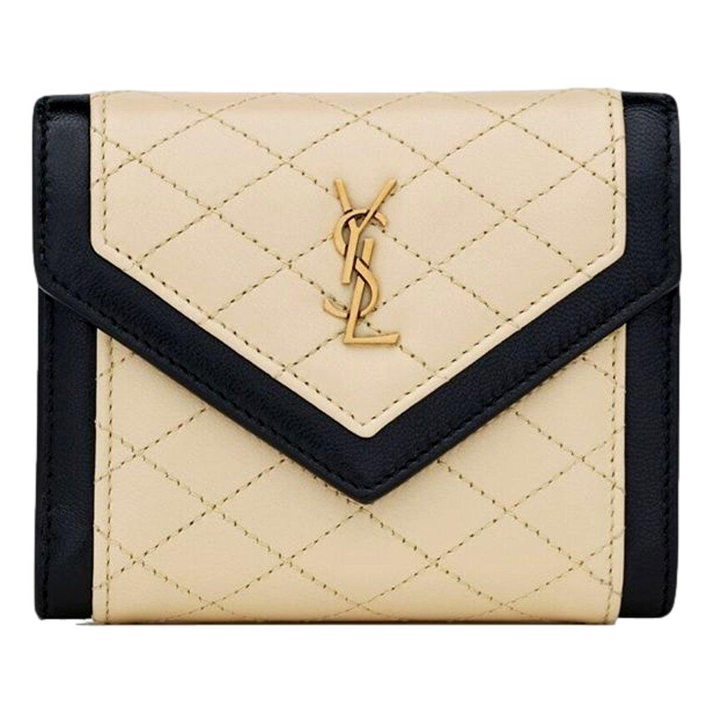 Saint Laurent Saint Laurent Gaby Small Envelope Wallet Cream Black Quilted Lambskin YSL Gold Logo