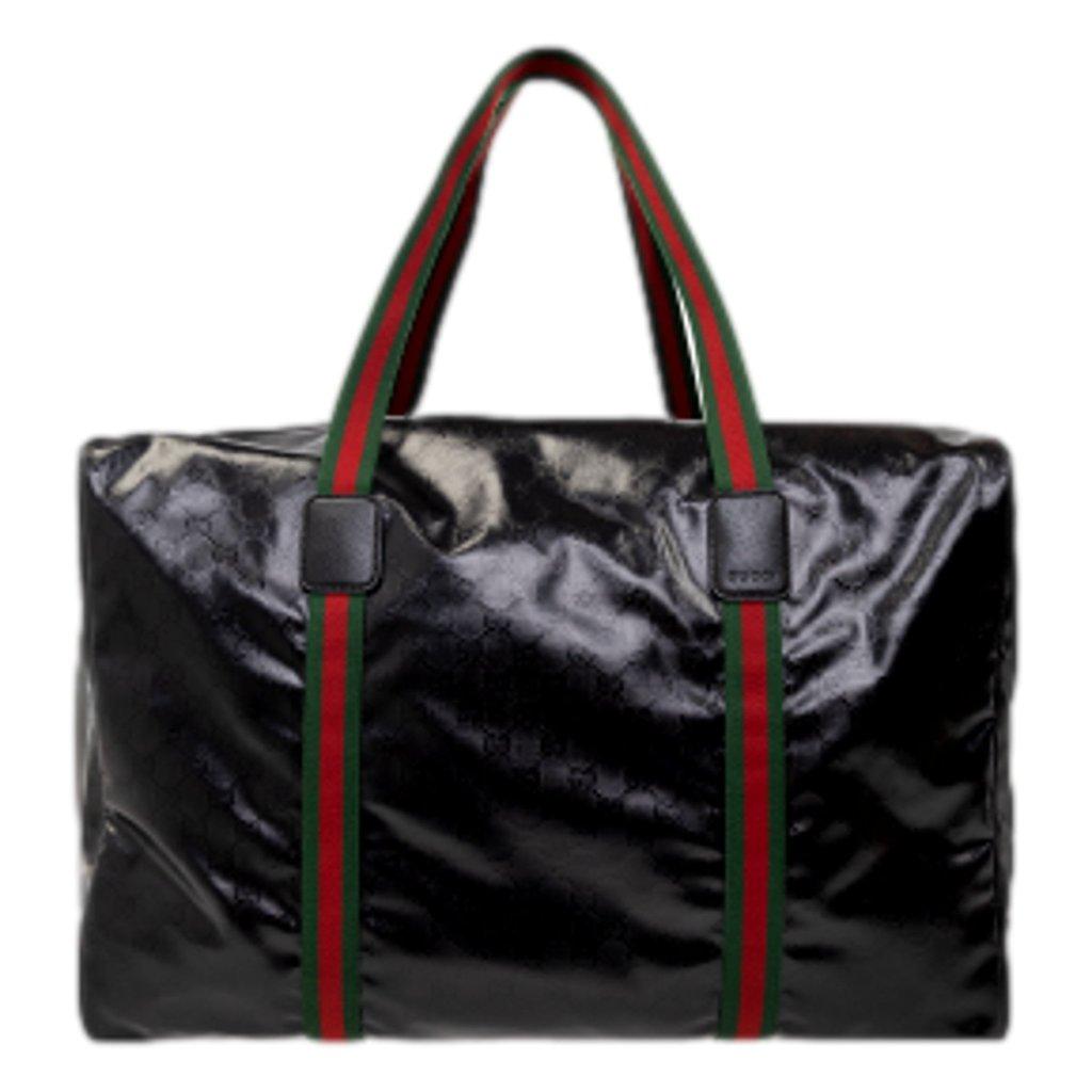 Gucci Gucci Duffle Maxi GG Black Glossy Fabric Duffel Bag Leather Trim