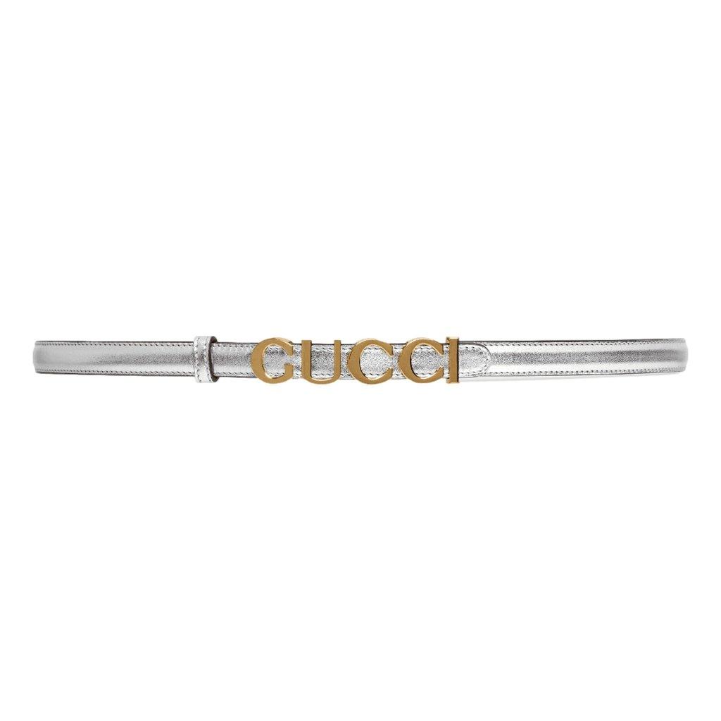 Gucci Gucci Silver Leather Belt with Metal Gold Logo Lettering Size 70