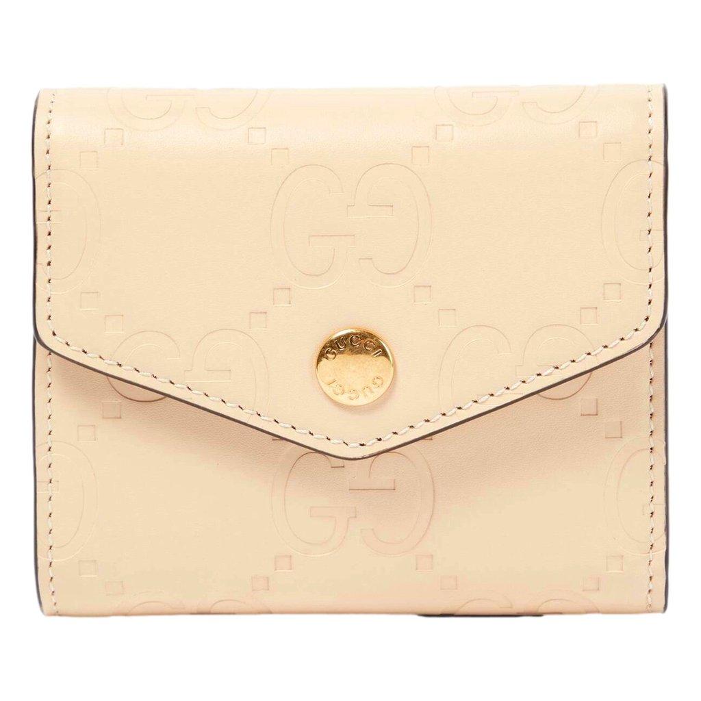 Gucci Gucci Gilbert GG Embossed Calf Leather Beige Trifold Wallet Gold Logo