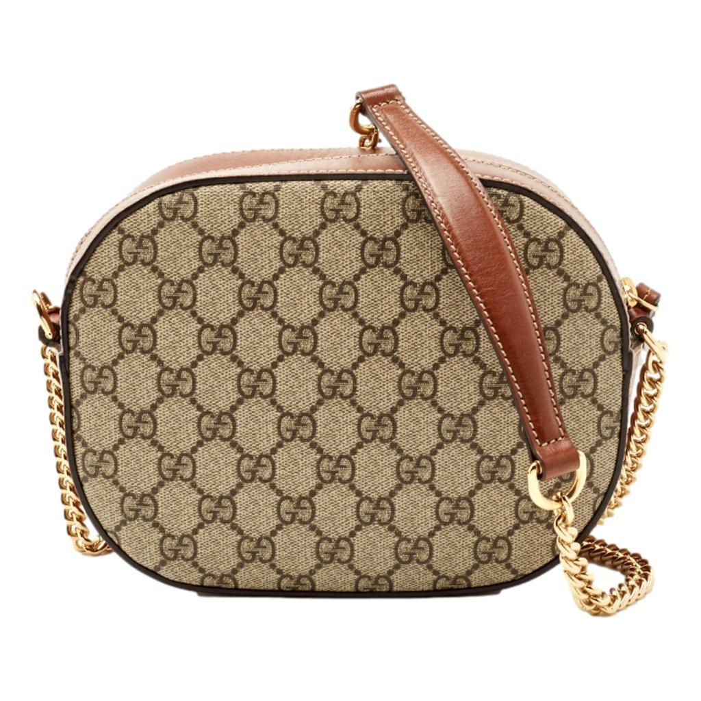 Gucci Gucci GG Supreme Canvas Mini Oval Chain Crossbody Bag Brown Leather Trim