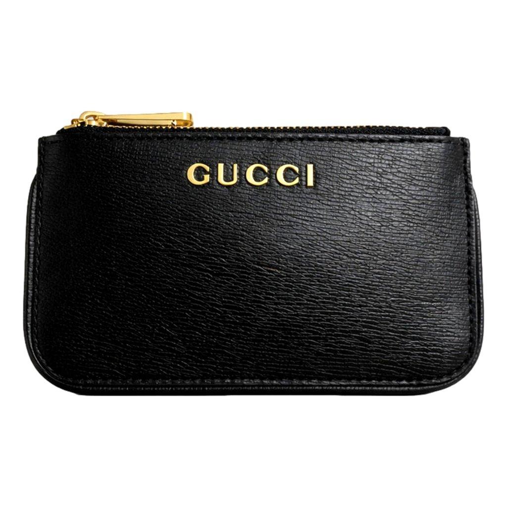 Gucci Gucci Zip Key Case Black Leather Card Holder Gold Logo Script