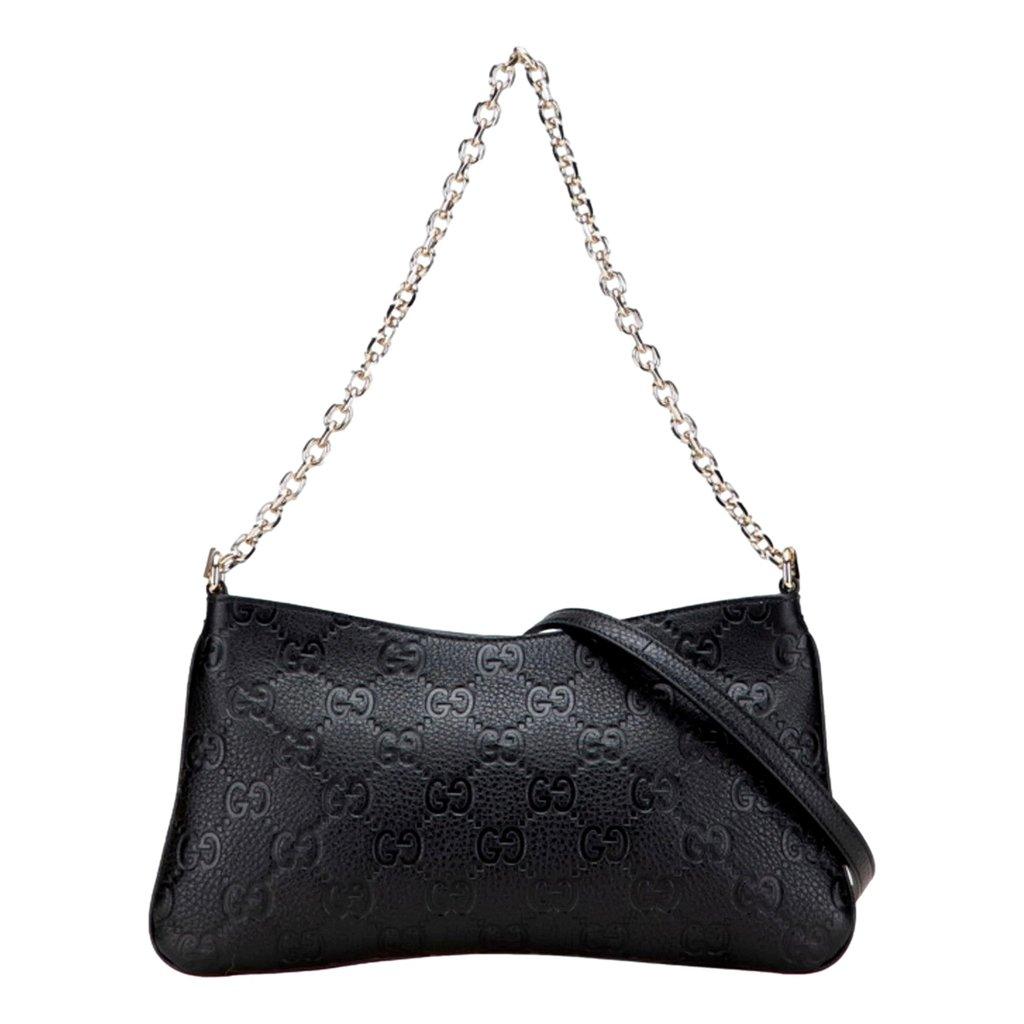 Gucci Gucci GG Emblem Black Leather Shoulder Bag Chain Strap