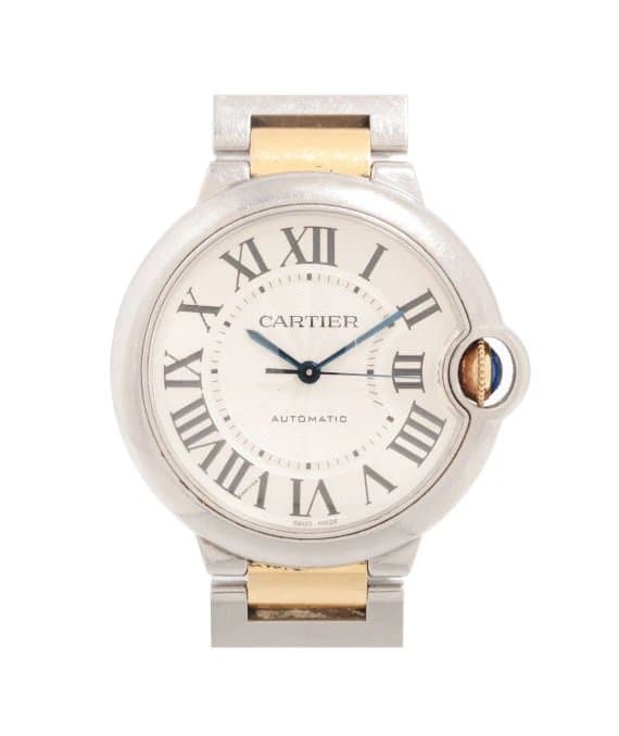 Cartier ساعة يد نسائية من كارتييه، طراز Ballon Bleu De Cartier 3284، مصنوعة من الفضة والذهب الأصفر عيار 18 قيراطاً والفولاذ المقاوم للصدأ، بقطر 36 مم.