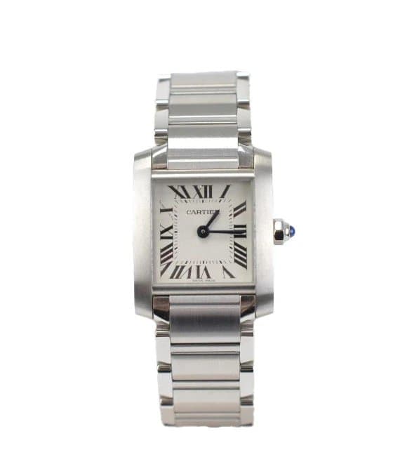 Cartier ساعة تانك فرانسيز ذات مينا أبيض، مقاس صغير، موديل W51011Q3، ساعة نسائية، قطر 25 ملم