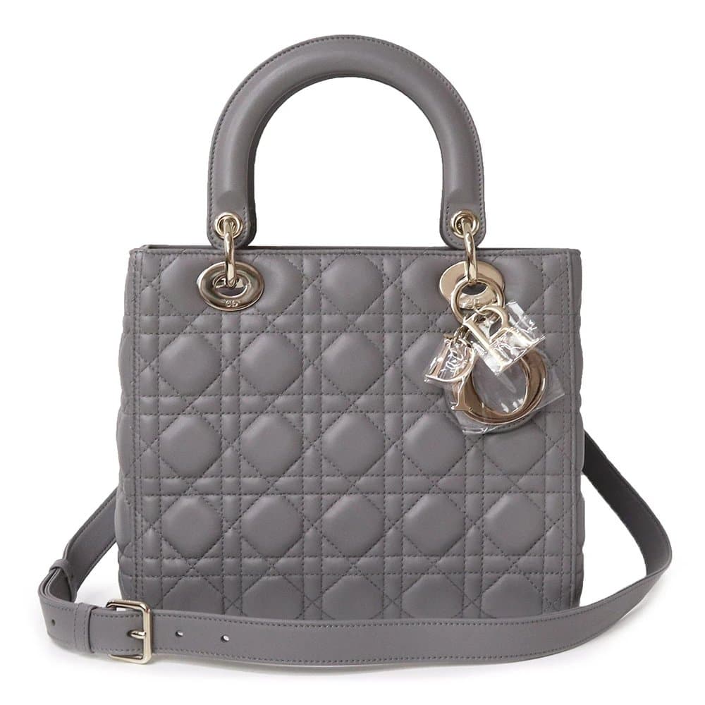 Dior Grey Color Cannage Lambskin Leather Medium Lady Dior Satchel Bag