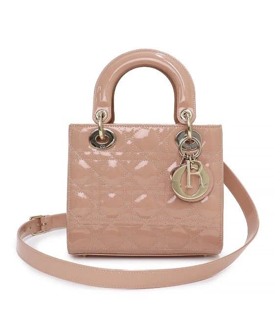 Dior Rose Des Vents Patent Cannage Calfskin Leather Medium Lady Dior Satchel Bag