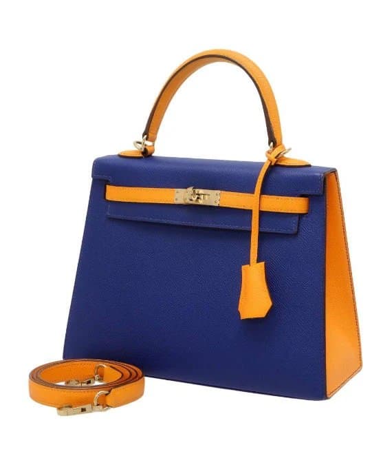 Hermès 2017 (Stamp A) Size 25 Epsom Leather Kelly in Blue Electric and Jaune Ambre Color with Gold Hardware