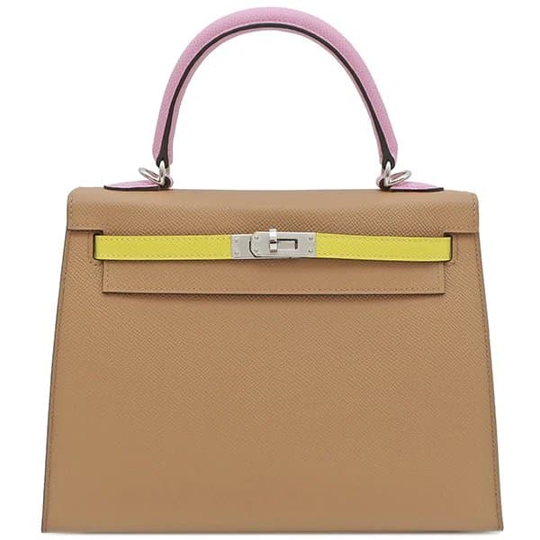 Hermès 2022 (Stamp U) Tricolor Chai/Mauve Sylvestre /Lime Kelly in Epsom Leather with Palladium Hardware