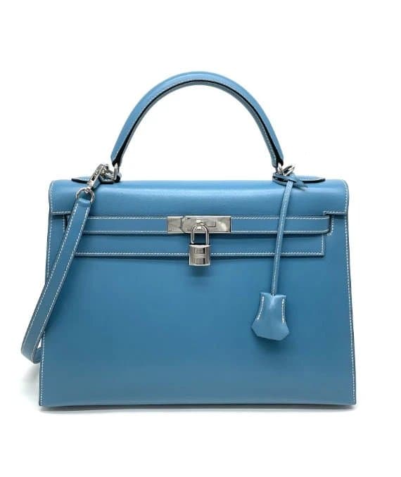 Hermès (Stamp F) Size 32 Calf leather Kelly in Blue Jean Color with Palladium Hardware