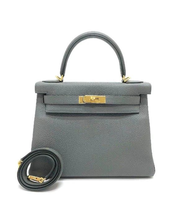 Hermès (Stamp U) Size 28 Togo leather Kelly in Vert Amande Gray Color with Gold Hardware