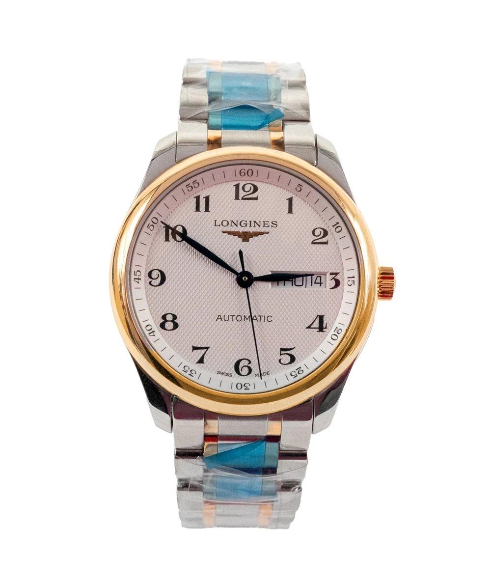 Longines ساعة رجالية أوتوماتيكية من مجموعة ماستر L2.755.5.79.7، مصنوعة من الفولاذ المقاوم للصدأ والذهب الوردي عيار 18 قيراط، بمينا فضي، قطرها 38.5 مم، حركة سويسرية.