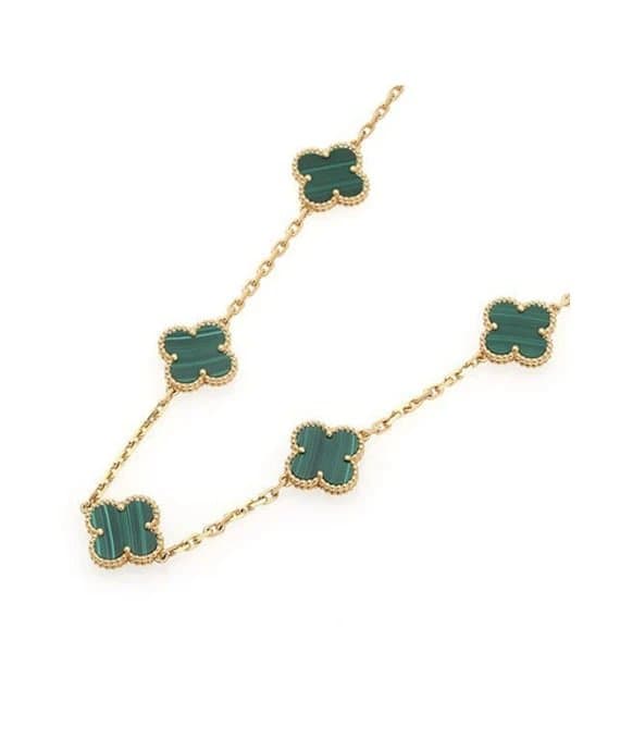 Van Cleef & Arpels قلادة طويلة عتيقة من الذهب الأصفر عيار 18 قيراطًا مرصعة بـ 20 نقشًا من حجر الملاكيت من مجموعة ألامبرا