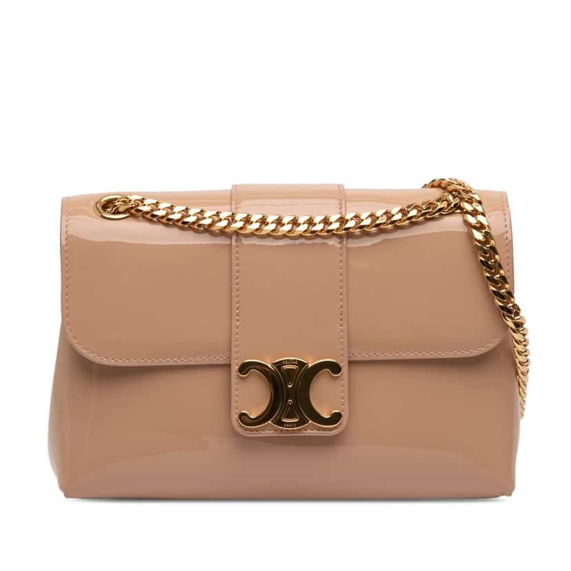 Celine Teen Patent Triomphe Victoire Chain Shoulder Bag Brown Leather Very good condition - Front View