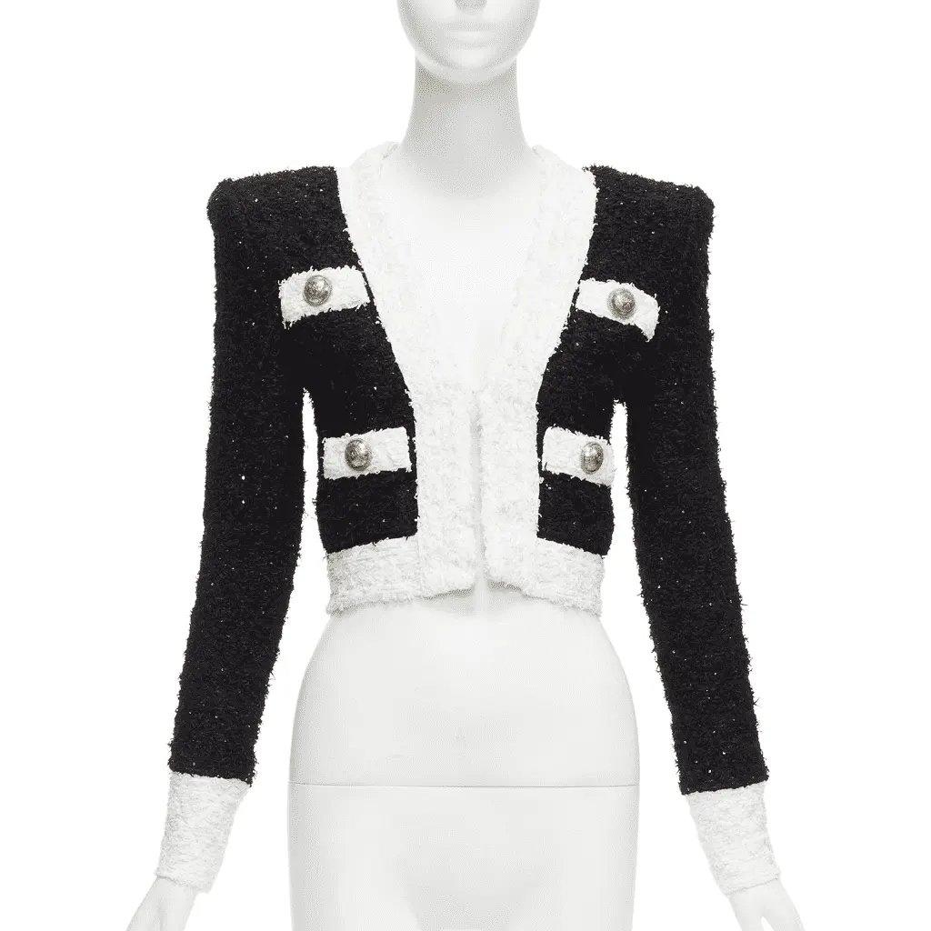 Balmain Black White Tweed Blazer Black Viscose Never worn - Front View