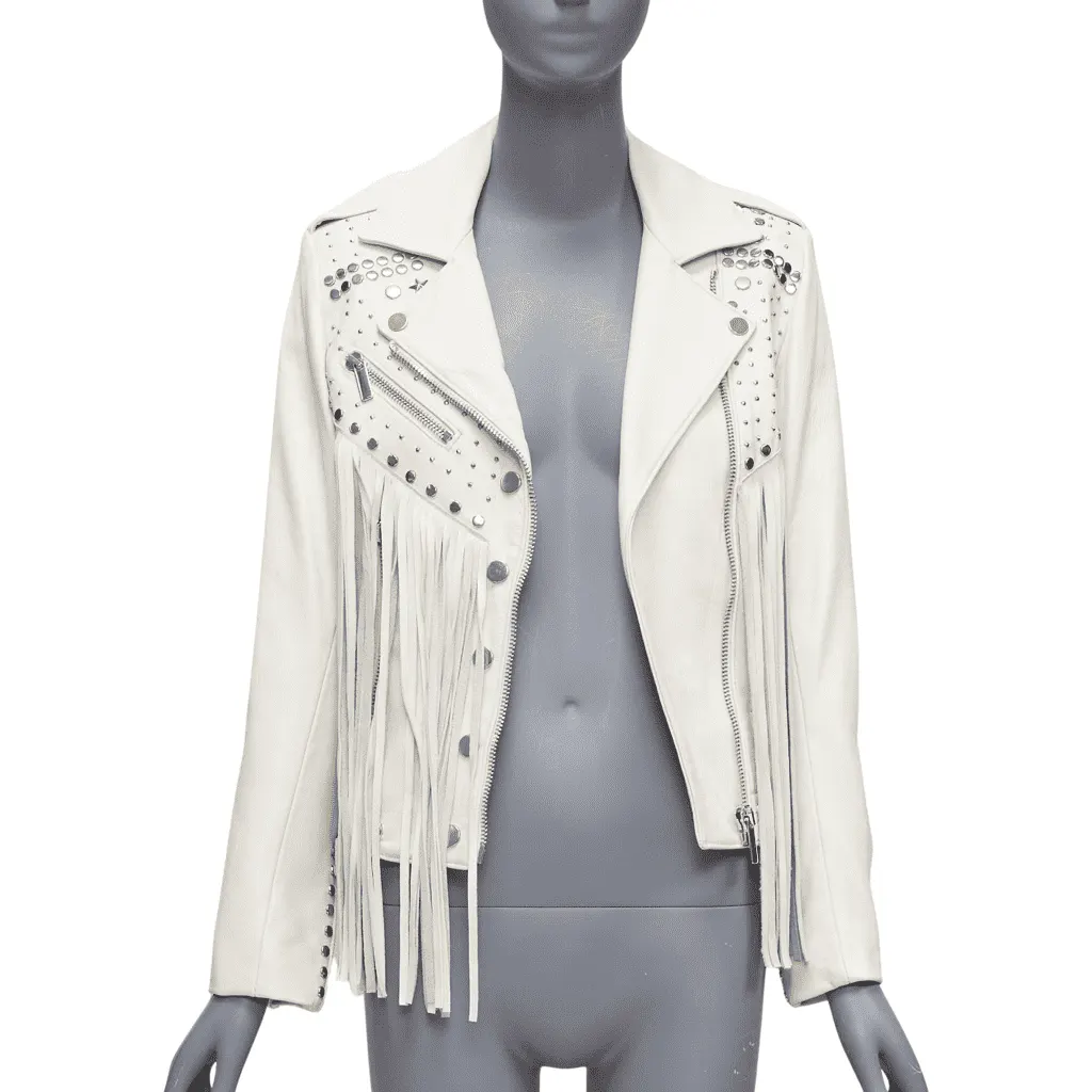 Nour Hammour Fringe Western Jacket Beige Leather Fair - Front View