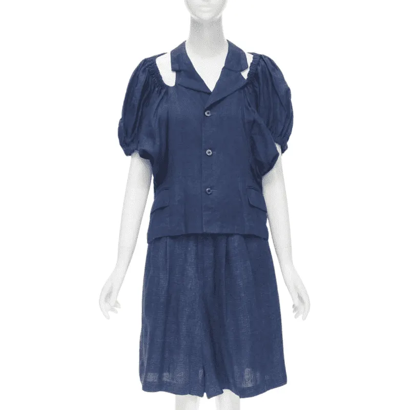 Comme Des Garcons Ruched Shorts Set Blue Linen Very good - Front View