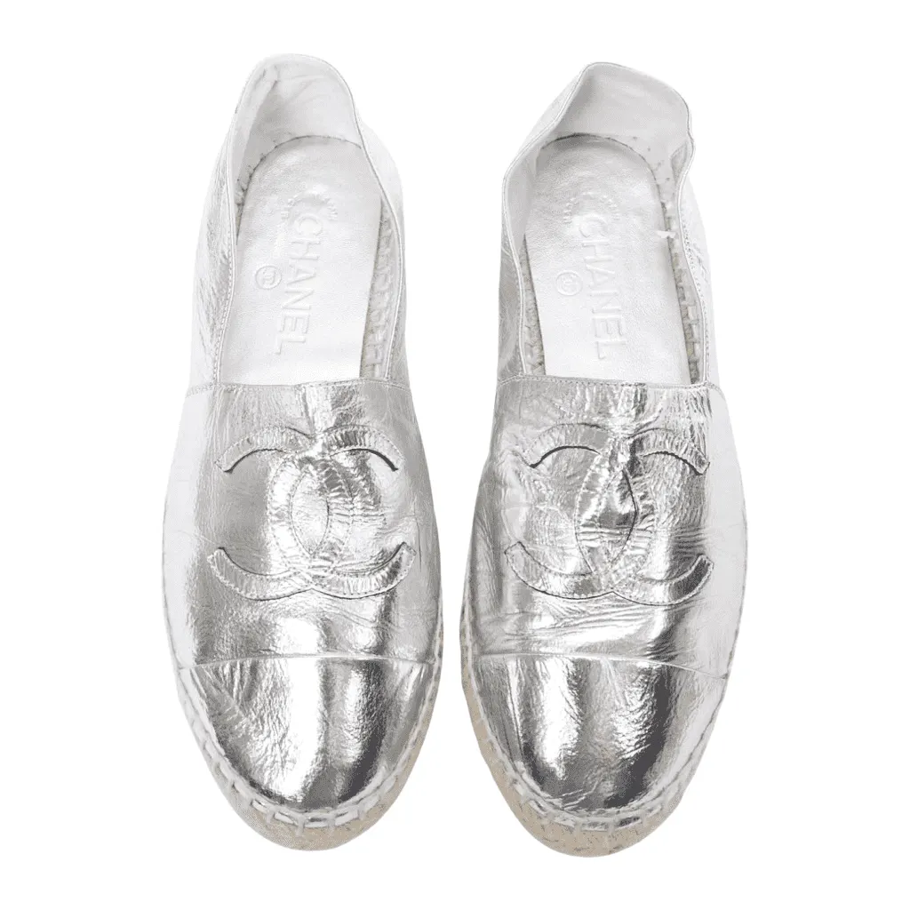 Chanel Woven Leather Flats Silver Leather Good - Front View