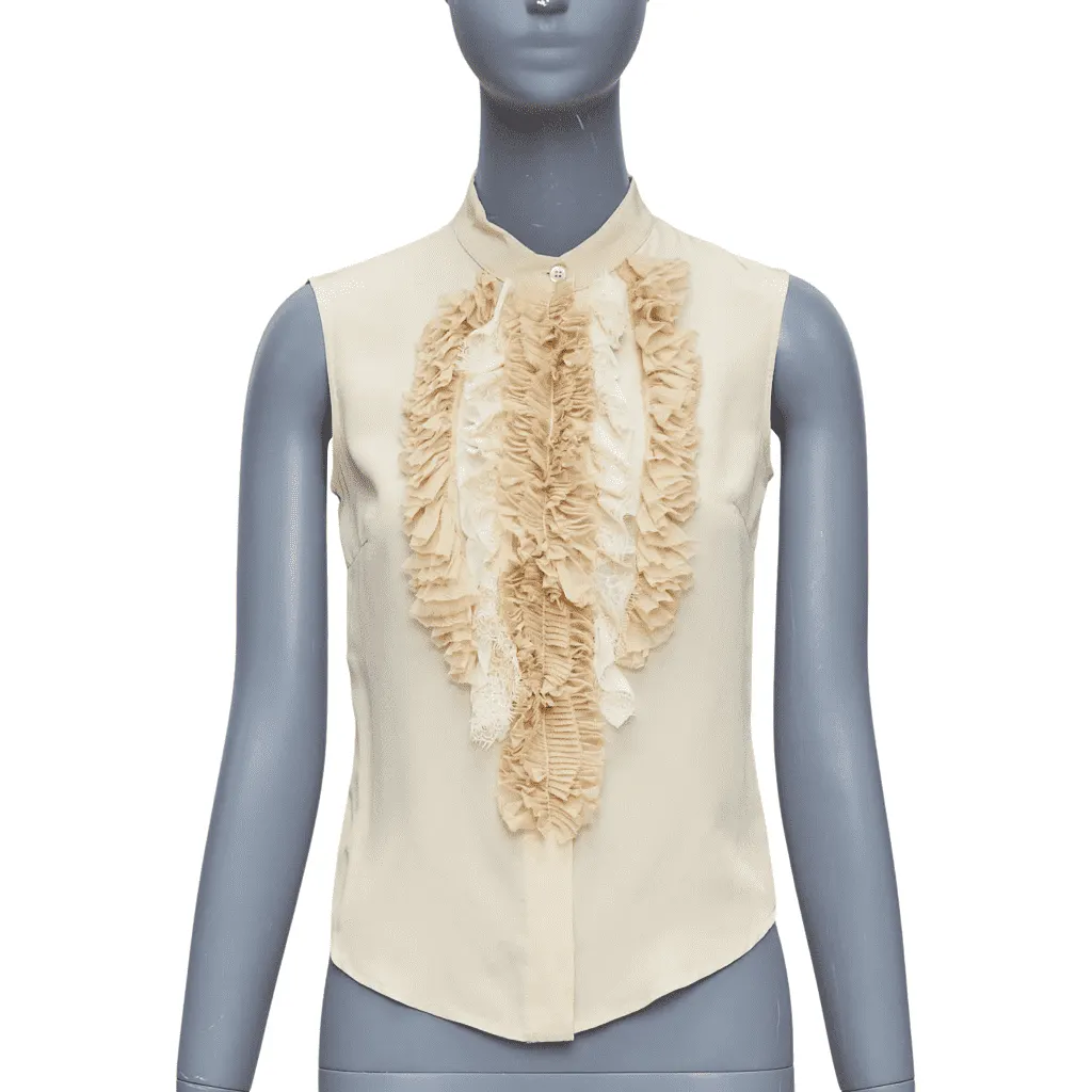 Prada Ruffle Sleeveless Shirt Beige Silk Never worn - Front View