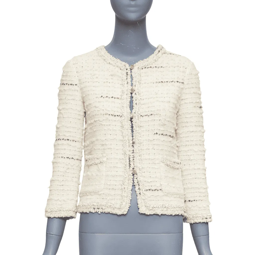 Chanel Boucle Tweed Cardigan Beige Wool Very good - Front View