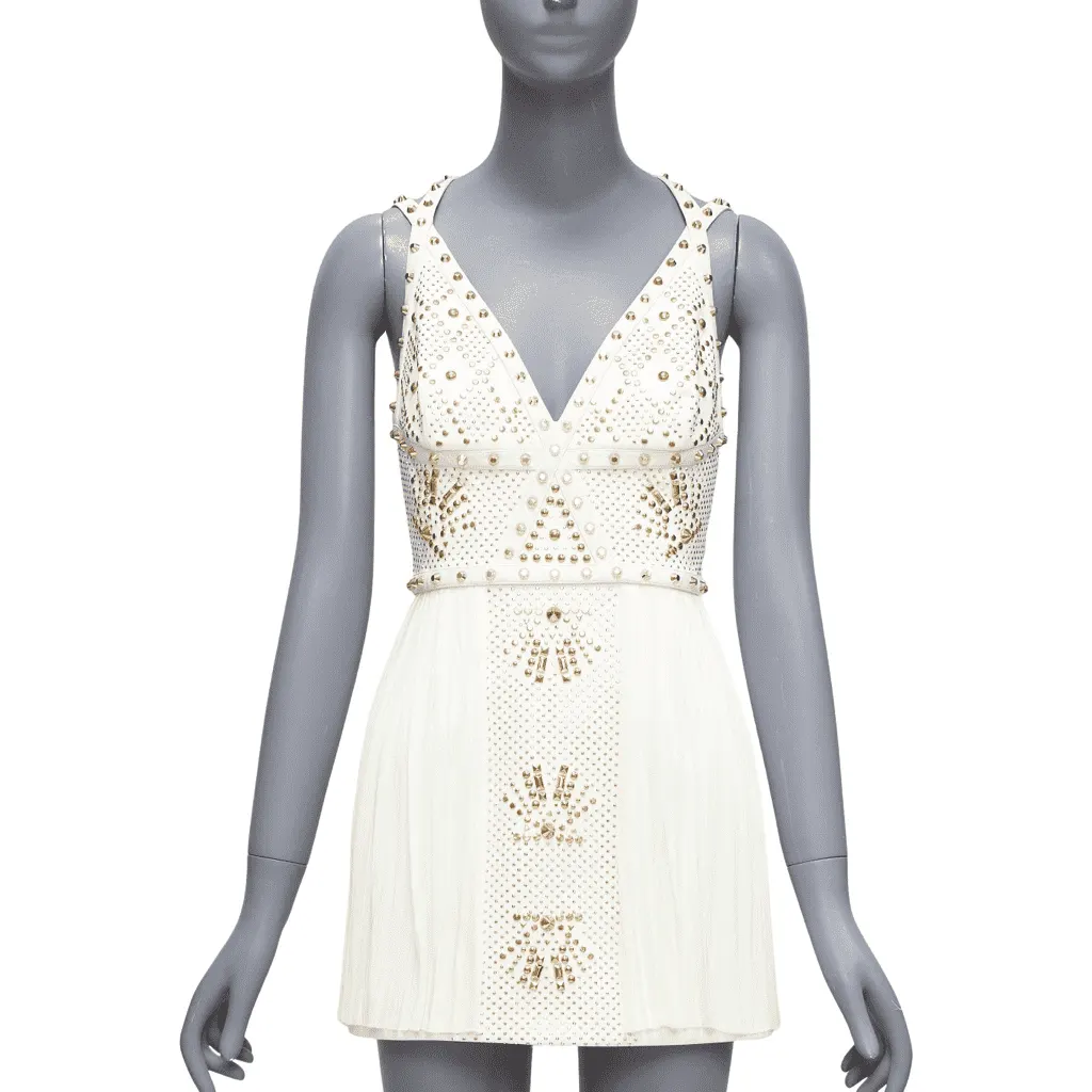 Versace Studded Skirt Dress Ecru Polyamide Good - Front View
