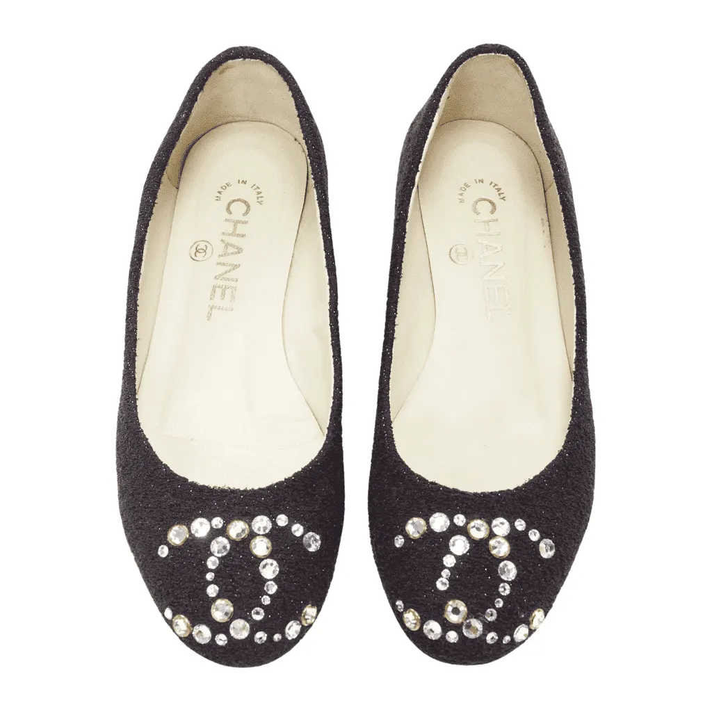Chanel Gold Embroidery Pointy Flats Black Tweed Very good - Front View