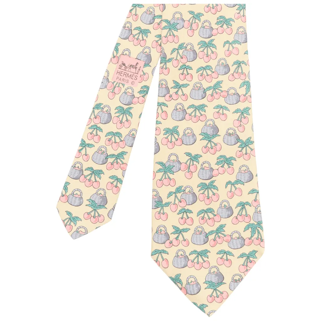 Hermès Cherry Basket Tie Beige Silk Very good - Front View