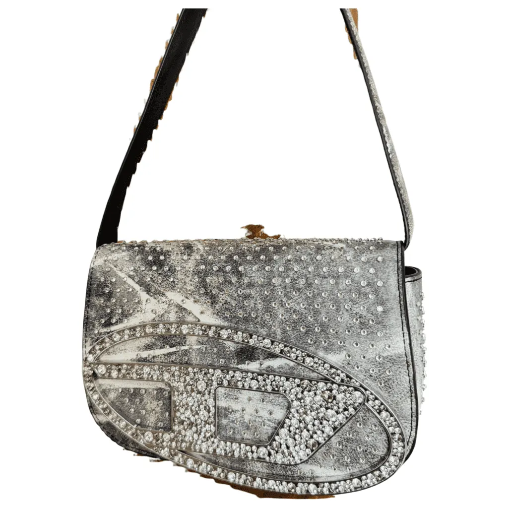 Diesel Crystal-Embellished Grey Leather White Gold Never worn - Front View