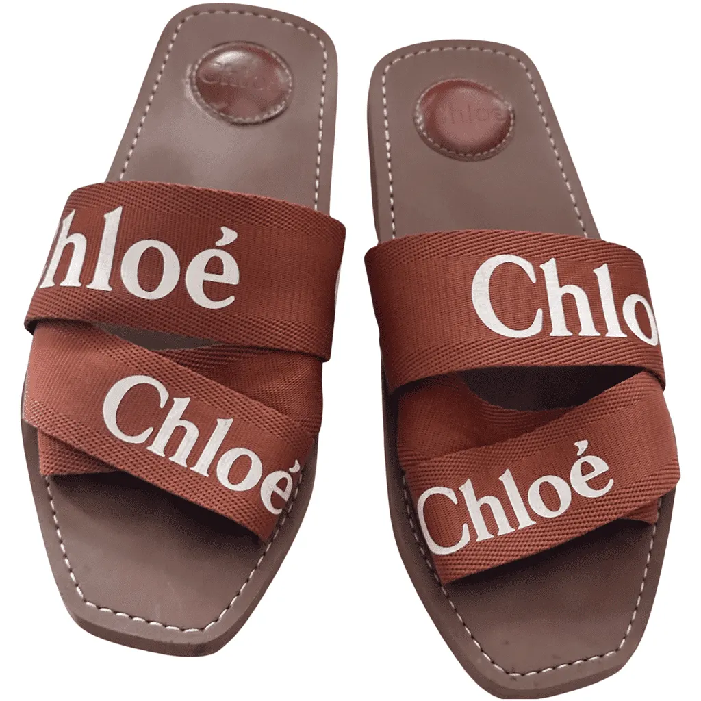 Chloé Woody Flat Slides 40 Brown Canvas Good - Front View
