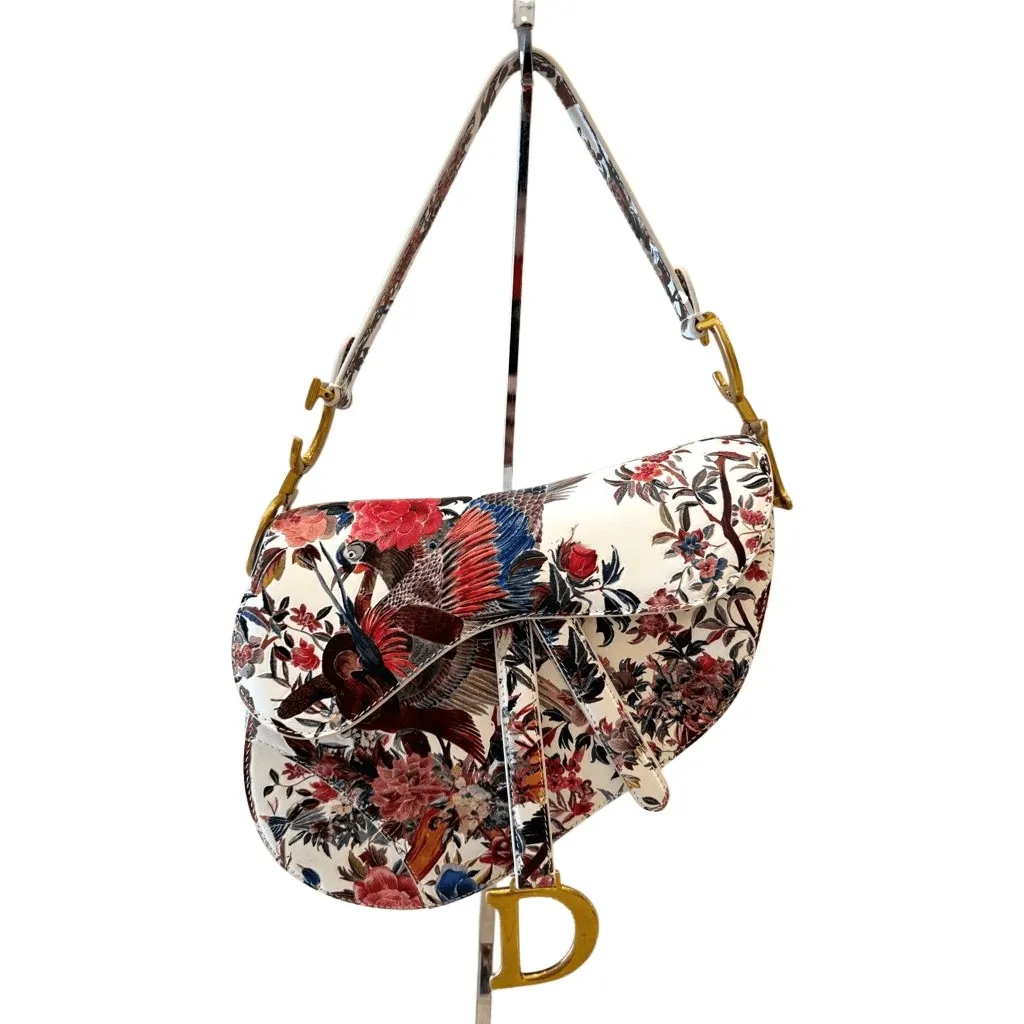 Dior Rare Floral and Bird Print Leather Saddle Bag Gold Detailing Beige Leather Good - Front View