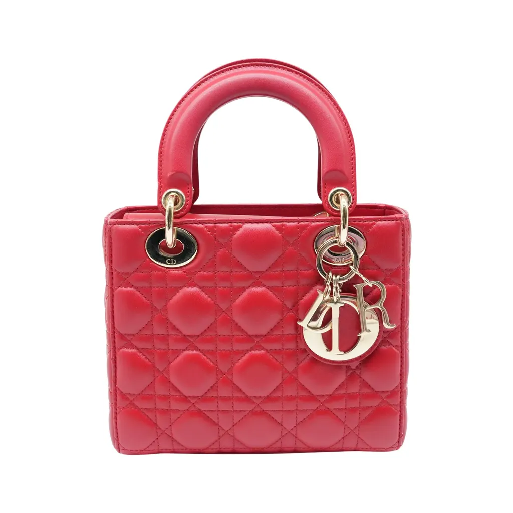 Dior Christian Dior Red Color Small Lady Dior Lambskin Leather Satchel Bag Red Very good - Front View