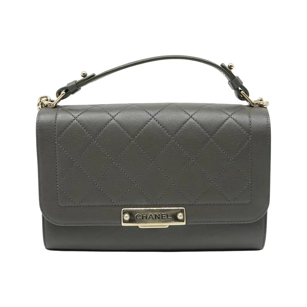 Chanel Grained Calfskin Quilted Medium Label Click Flap Bag Khaki Khaki Good - Front View
