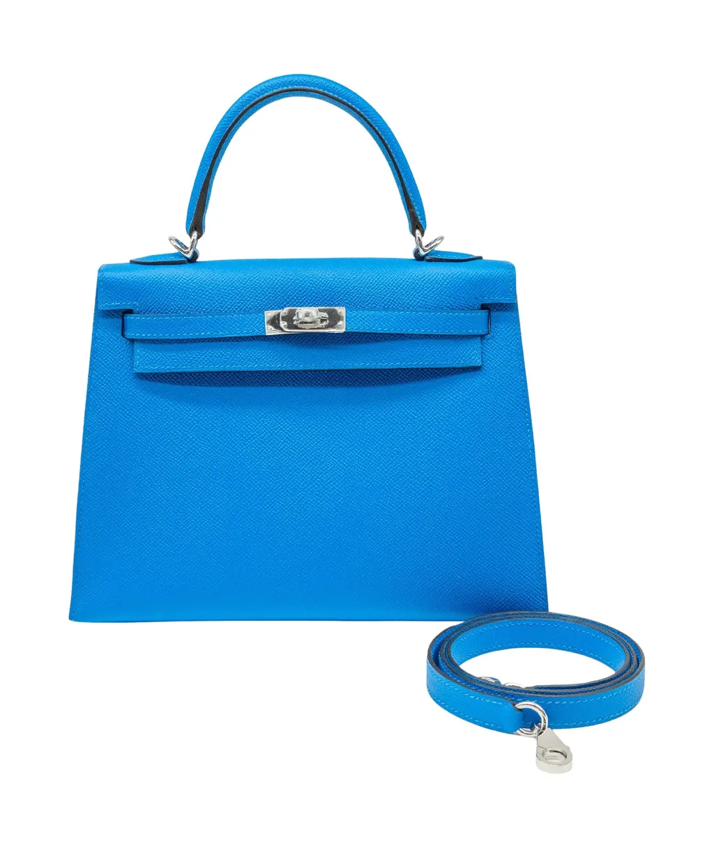 Hermès Kelly25 Epsom Blue Hydra Silver Hardware 2025 (Stamp K) Blue Leather Never worn - Front View
