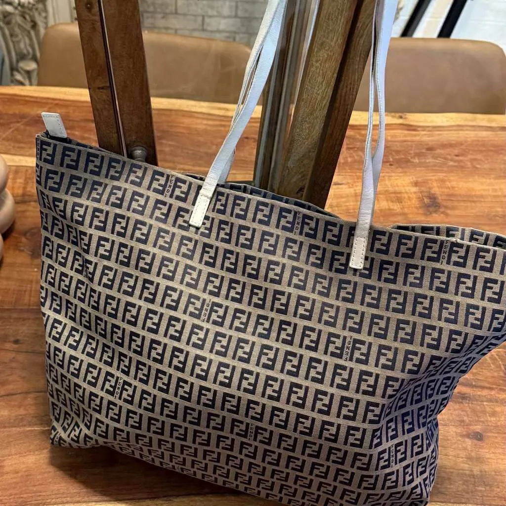Fendi Tote Bag Beige Canvas Good - Back View