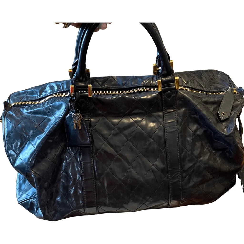 Chanel Unisex Travel Bag Black Leather Good - Front View