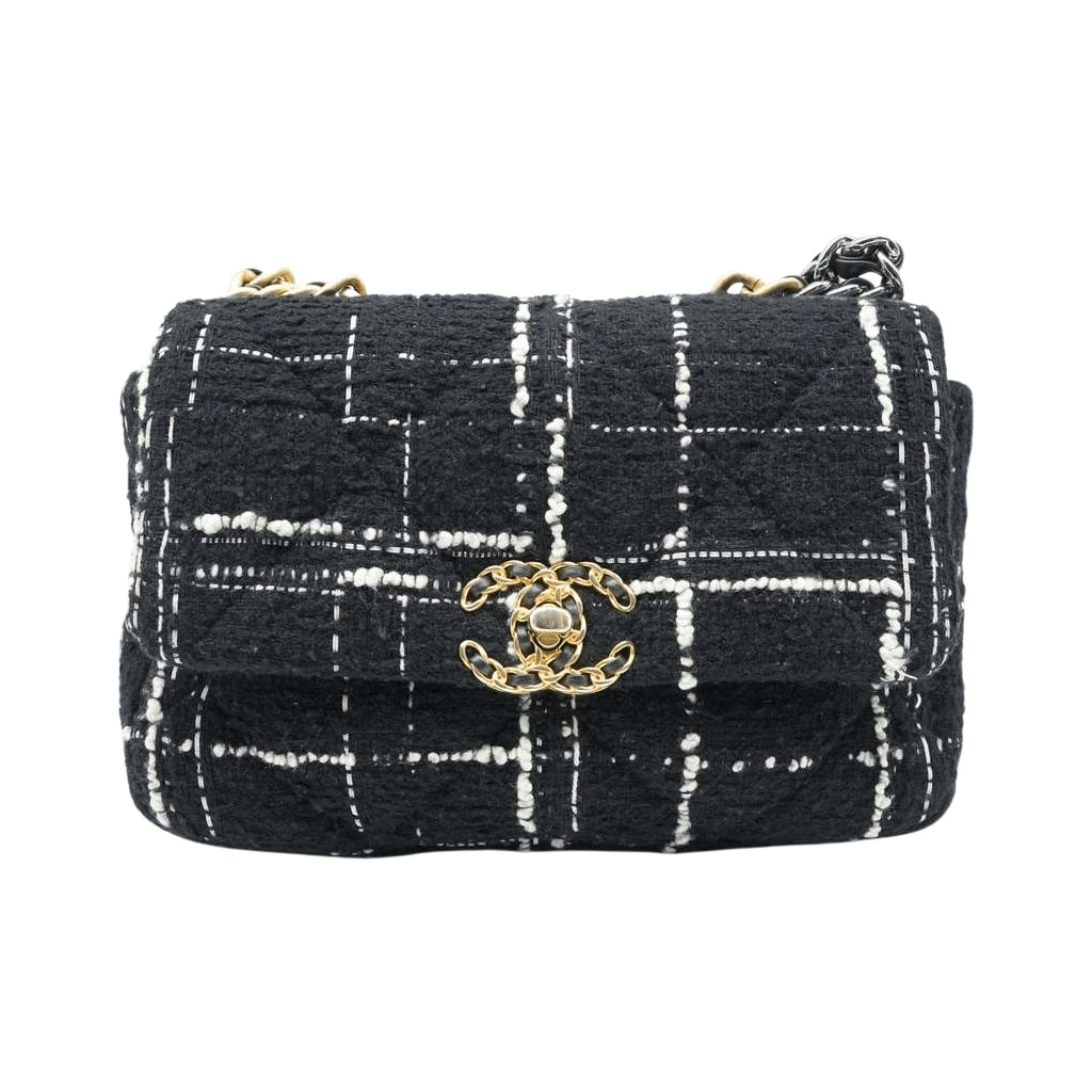 Chanel 19 Flap Bag Black/White Quilted Tweed Medium