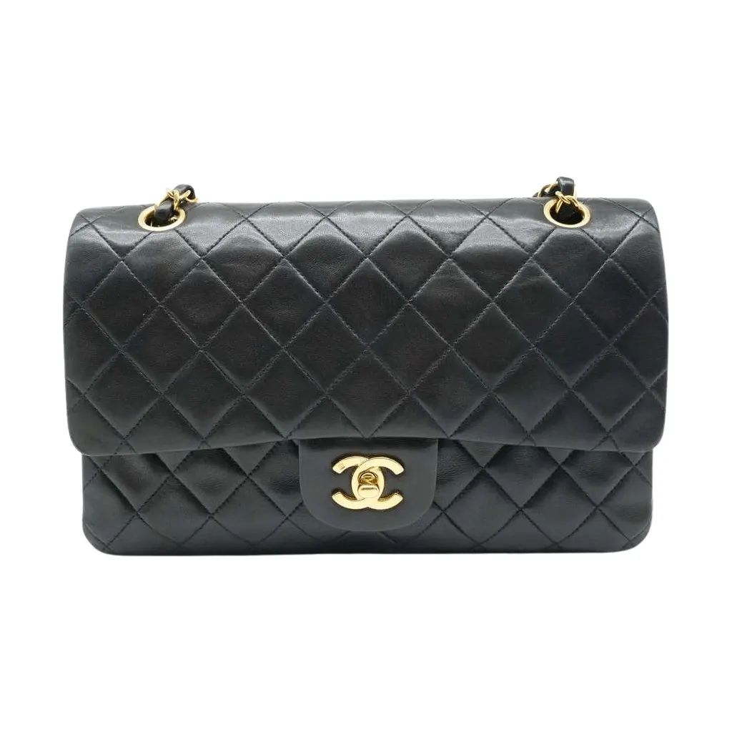 Chanel Classic Double Flap Medium 25 in Black Lambskin Leather and Gold Hardware Black Leather Good - Front View