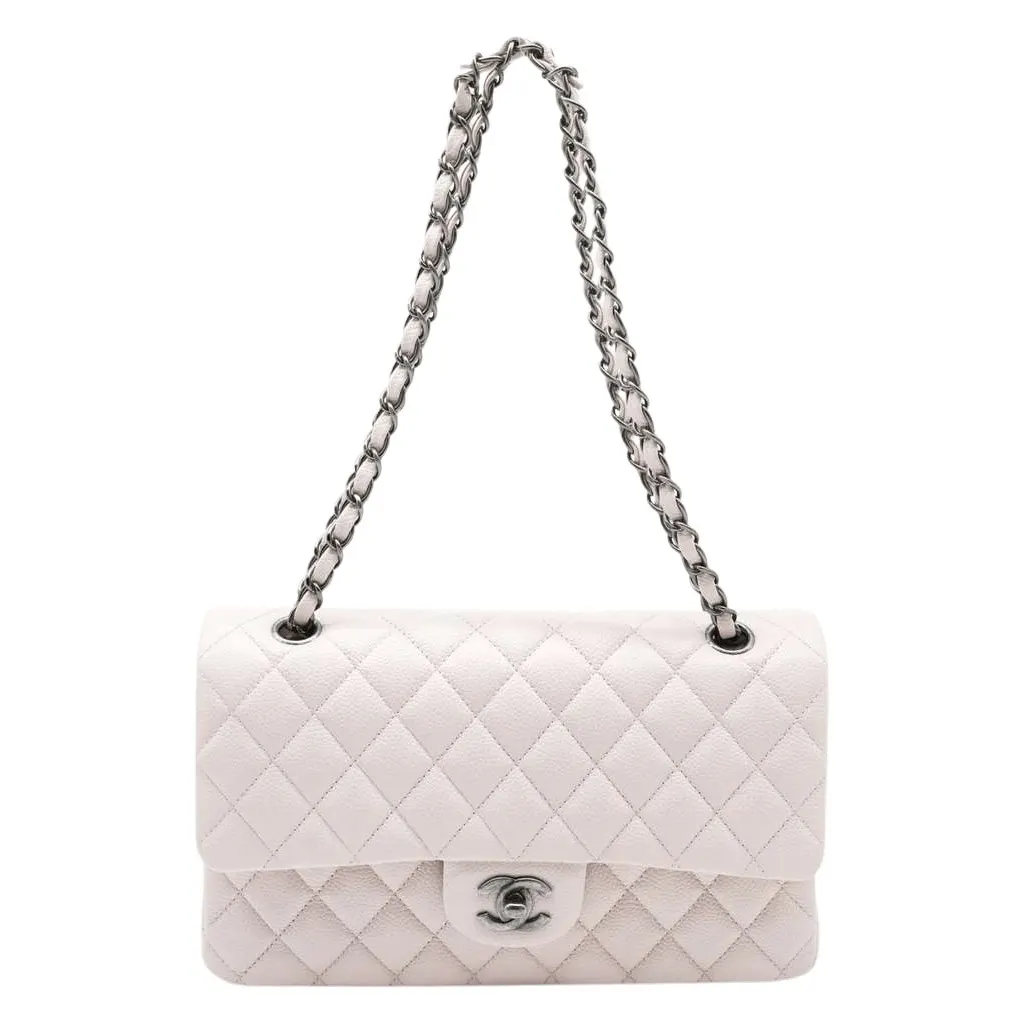 Chanel Classic Medium Flap Nude Caviar Leather Bag with Ruthenium Hardware Size 25 Beige Leather Good - Front View